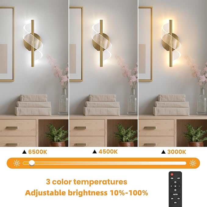 Cordless Wall Sconces Set of 2, Helical Wireless Rechargeable Battery Wall Light with Remote Control Dimmable. Portable Lighting for Wall Painting, Living Room, Bedroom, Night Light. 11.8''Gold - Bloomnest