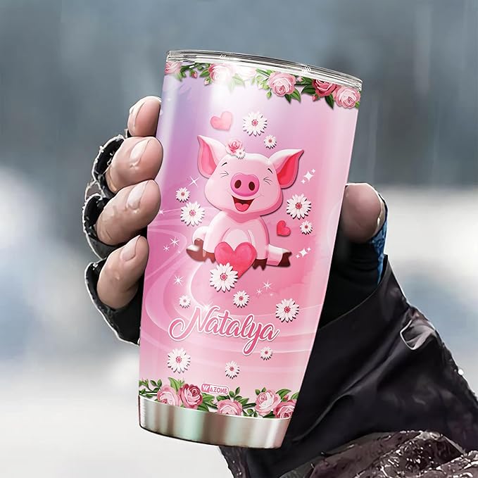 WAZONE Personalized Pig Tumbler Stainless Steel 20oz 30oz Custom Name Double Wall Vacuum Novelty Cup Pink Floral Coffee Travel Mug Birthday Christmas Gift For Women Girls Kids Animal Lovers - Bloomnest