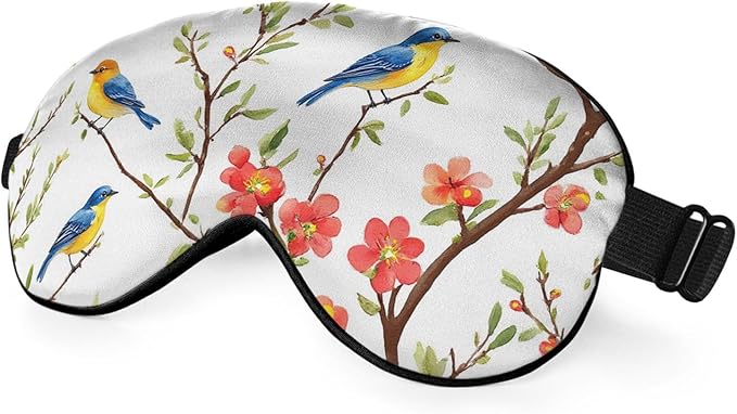 Cute Blue Birds Sleep Eye Mask Eye Cover Tree Branch Green Leaves Red Flower Silk Eye Mask for Sleeping with Adjustable Strap for Travel Nap Shift Work Office - Bloomnest