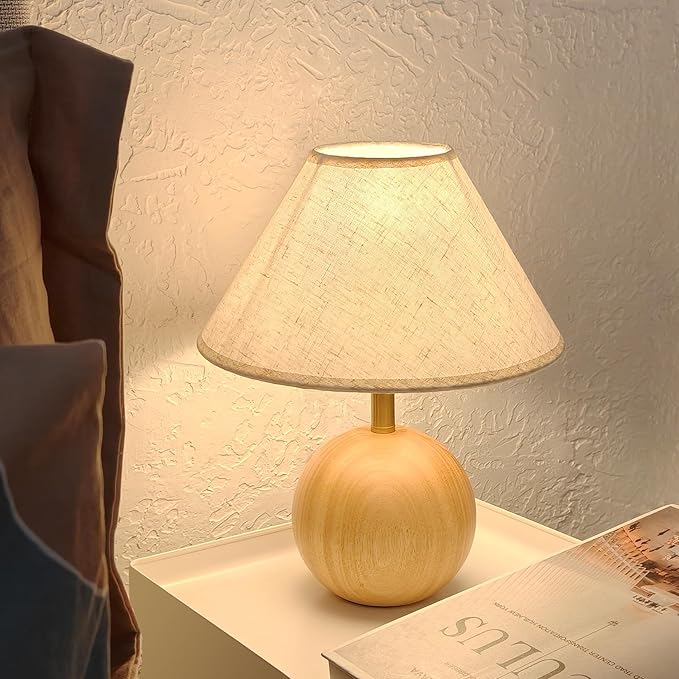 Table Lamp for Living Room,Wood Base Flaxen Fabric Shade Desk Lamp for Bedroom,Small Décor Ambient Bedside Lamps for Night Stands,LED Bulb (not Included) - Bloomnest