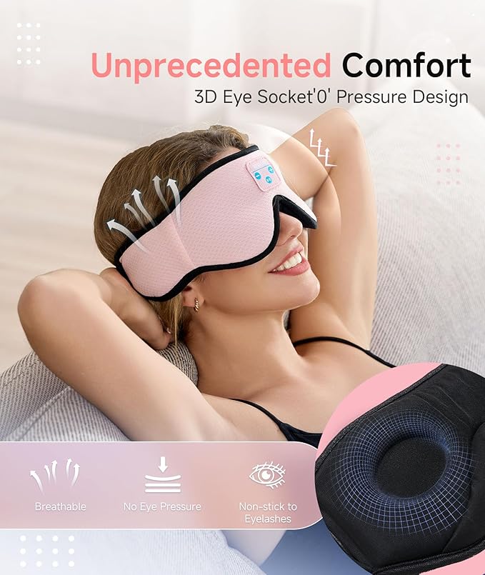 Voerou Sleep Headphones, 3D Wireless Bluetooth Eye Mask, Sleeping Headphones Earbuds for Side Sleepers with Ultra-Thin Stereo Speakers, Suitable for Sleep Office Nap Travel Meditation Cool Gadgets - Bloomnest