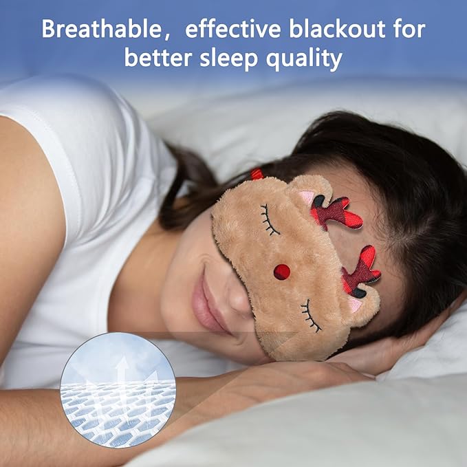 Cute Animal Sleeping Mask Sleep Mask, Xmas Reindeer Soft Plush Eye Mask for Travel Nap Funny Rudolph Blindfold Eye Cover Eyeshade for Adult Kids Girls Teens Men Women - Reindeer, Red & Brown - Bloomnest