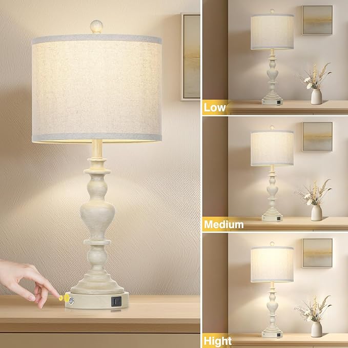 27" Farmhouse Table Lamps Set of 2, Vintage Bedside Lamps with USB A+C Charging Ports, 3-Way Dimmable Touch Control Traditional Nightstand Lamp for Living Room Beige (Bulbs Included) - Bloomnest