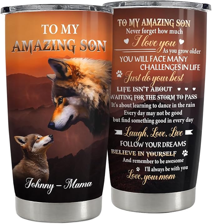 SANDJEST Personalized Wolf Tumbler To Son From Mom 20oz 30oz Tumblers with Lid Gift for Son Christmas Birthday - Bloomnest