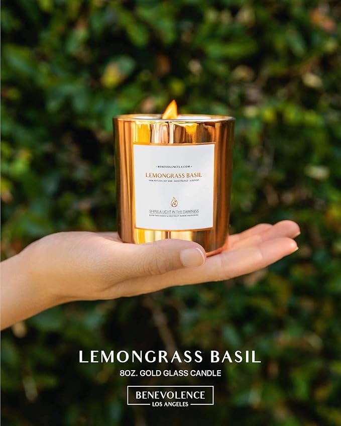 Benevolence LA Lemongrass & Basil Wood Wick Candles | Soy Christmas Scented Candles for Home | Holiday Candle Gifts for Women and Men | Home Fragrance | Aromatherapy | Shelf Decor | 8oz, 45 Hour Burn - Bloomnest
