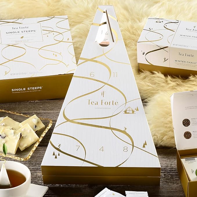 Tea Forte Tea Advent Calendar Gift Set; 12 Individually Wrapped Handcrafted Assorted Pyramid Infuser Tea Bags with Numbered Doors, Winter Chalet - Bloomnest