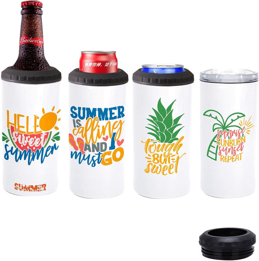 1 Pack 16 oz Sublimation Blank tumblers Skinny 4 in 1 Can Cooler with 2 lid Stainless Steel Double Wall Insulated Beer Bottle Holder Slim Can Coolers for Drinks