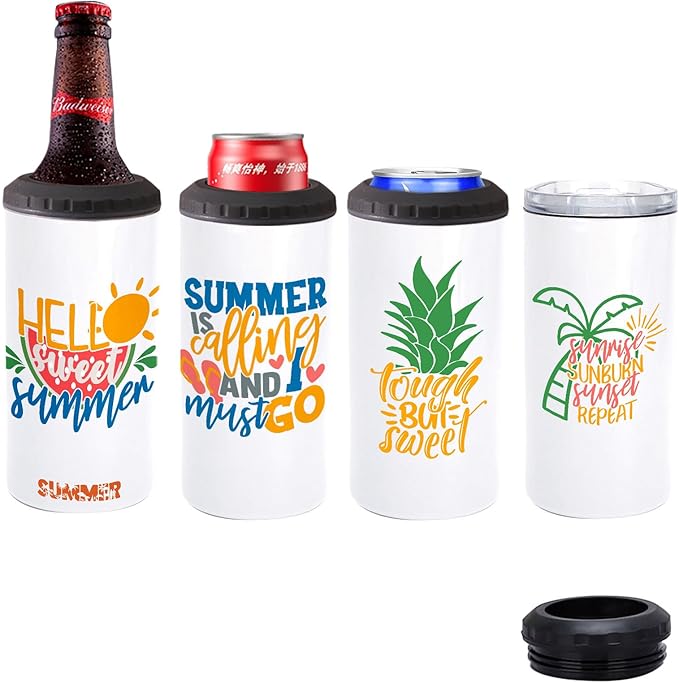 1 Pack 16 oz Sublimation Blank tumblers Skinny 4 in 1 Can Cooler with 2 lid Stainless Steel Double Wall Insulated Beer Bottle Holder Slim Can Coolers for Drinks - Bloomnest