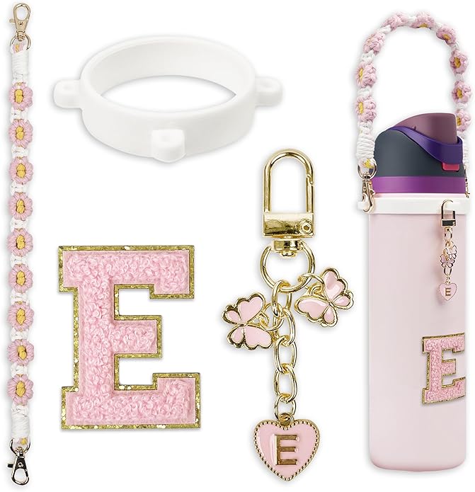 Compatible with Owala Water Bottle Accessories, Cute Letter Charm Set with Boho Handle Strap, Monogram Sticker, Silicone Ring, Keychain Decoration, for FreeSip 24 32 40oz, Owala Kids, Tumbler Gift SITKOL