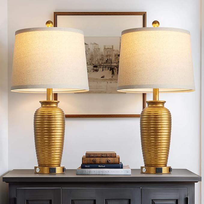 25" Retro Gold Farmhouse Jar Table Lamps Set of 2, 3 Way Touch Control Rustic Bedside Lamps with USB A+C Ports & AC Outlet, Pot Nightstand Lamps for Bedroom Living Room (LED Bulbs Included) - Bloomnest