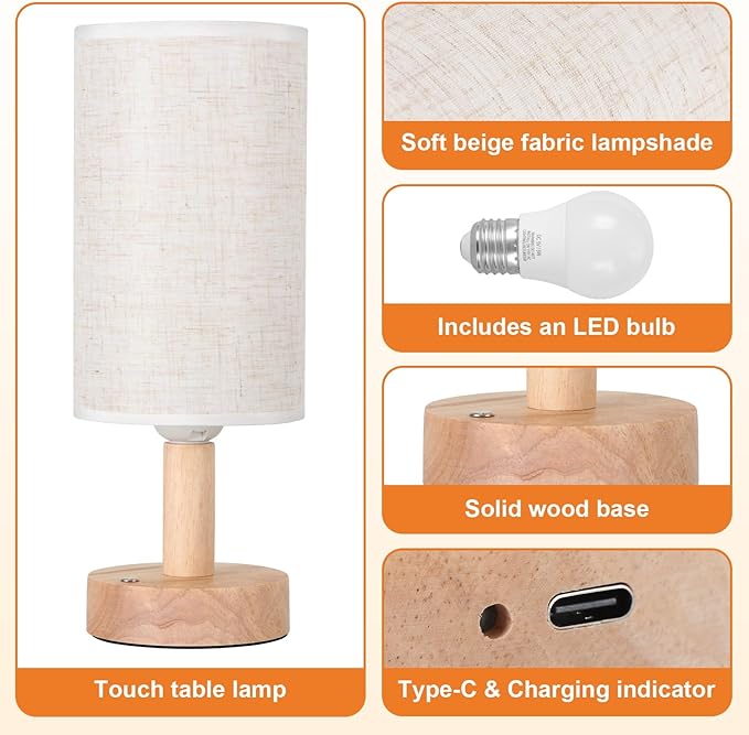 Rechargeable Cordless Touch Table Lamp with Stepless Dimming,Natural Wood Base&Linen Shade,Small Battery Wireless Ambient Night Light for Bedroom,Bedside,Nightstand,Nursery,Kitchen,Camping,Outdoor - Bloomnest