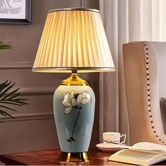 Blue Ceramic Table Lamp with White Fabric Lamp Shade Vintage Lamps with Flower and Bird Patterns，Traditional Home Decor Ceramic Table Lamp for Living Room Bedroom Nightstand Home Office - Bloomnest