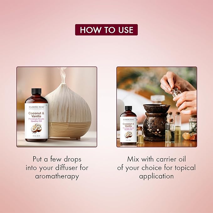 Majestic Pure Coconut Vanilla Essential Oil with Glass Dropper - 2 Fl Oz - 100% Pure and Natural Coconut Vanilla Oil - Premium Grade Essential Oils for Diffuser, Aromatherapy, Soap and Candle Making - Bloomnest