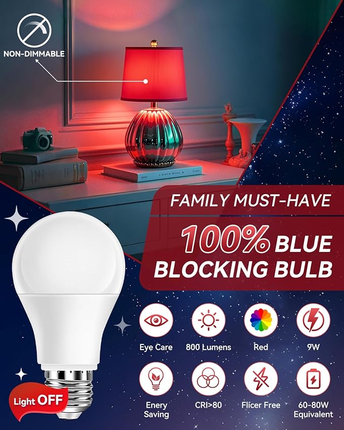 Neporal 625nm Red Light Bulbs for Sleep, 100% Blue Light Blocking Light Bulb, 9W Red Light Bulb for Melatonin Promoting, A19 60W Equivalent Dim Light Bulbs for Bedroom, Baby Nursery,2 Pack - Bloomnest