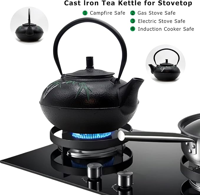 84.6oz Large Cast Iron Tea Kettle for Stovetop, Heavy Teapot with Stainless Steel Infuser for Loose Leaf, Japanese Style Tea Pot, 2500ml Black Tetsubin with Bamboo Pattern - Bloomnest