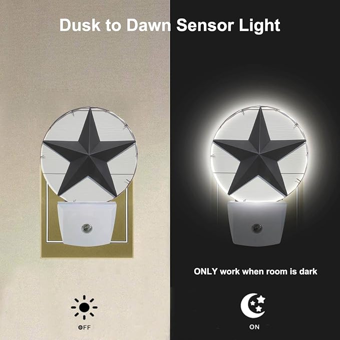 EKOBLA Texas Star Night Lights Plug into Wall Vintage Western Style Retro Star American Led Plug-in Nightlights with Dusk to Dawn Sensor for Home Bedroom Stairway Hallway Kitchen - Bloomnest