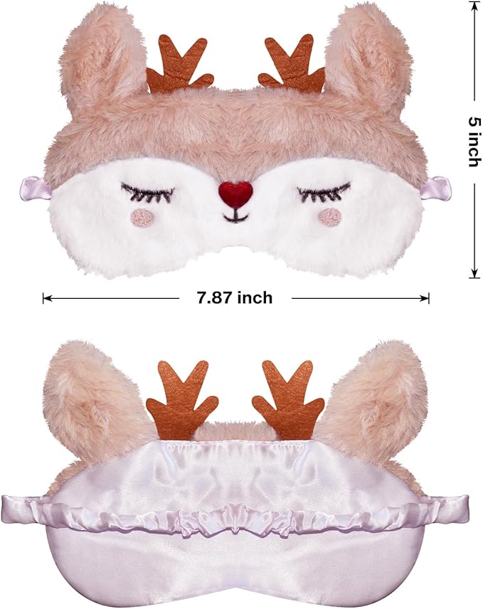 Christmas Reindeer Sleeping Mask Eye Mask Cute Animal Rudolph Sleep Mask Soft Plush Blindfold Funny Eye Cover Eyeshade for Kids Adults Girls Boys Women Men (Reindeer, White) - Bloomnest