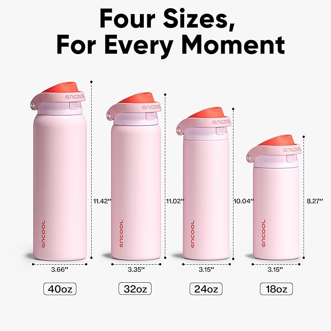 ENCOOL Leakproof Insulated Water Bottle with Straw Dual-Sip Water Bottle Bag-Safe Design for Work, Commute & Gym – Keeps Drinks Cold All Day, 24 oz, Lychee Pink ENCOOL