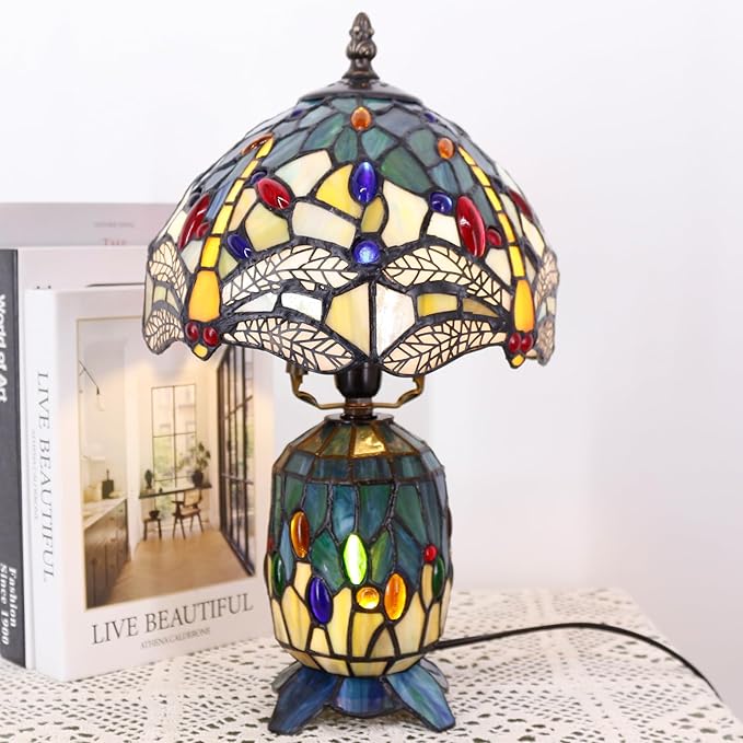 Small Tiffany Lamp Stained Glass Table Lamp Mini Mother Daughter Vase Desk Accent Night Light for Bedroom Bedside Reading Home Antique Style 8X14 Inches (Sea Blue Yellow) - Bloomnest