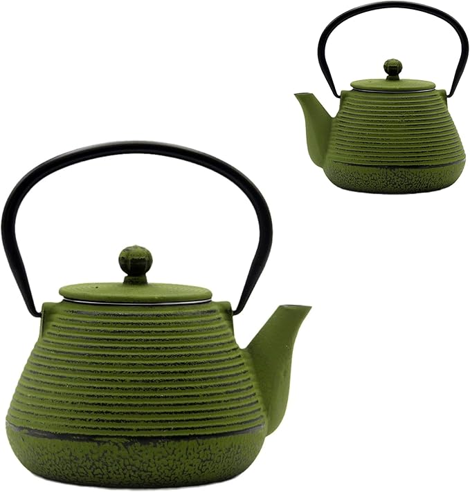20.3oz Small Cast Iron Teapot, SECHUDO Cast Iron Tea Kettle for Stovetop Safe Coated with Enameled Interior, Iron Tea Pot with Stainless Steel Infuser for Loose Tea (Green Pinstripe Pattern) - Bloomnest