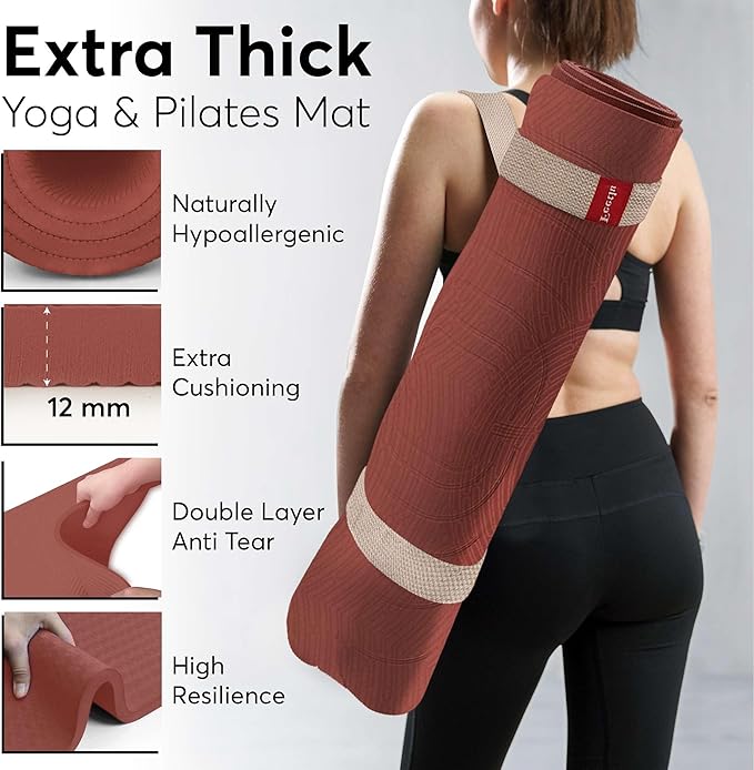 Extra Thick 12mm Exercise Mat – Non-Slip, Joint-Friendly & Cushioned Fitness Mat for Yoga, Pilates & Floor Workouts – Durable, Supportive & Includes Feetlu Classic Strap