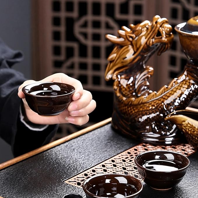 Chinese Gongfu Tea Set - Ceramic Teapot with Infuser, 8 Cups, Semi Automatic Dragon Design for Loose Leaf Tea
