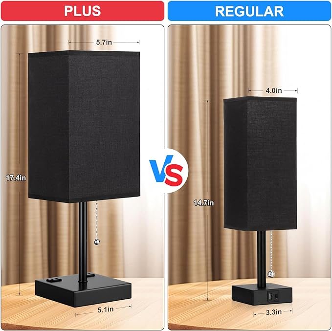 Plus Black Bedside Table Lamps Set of 2 - Bedroom Lamps with 3 Colors (3000K/5000K/4000K), Square Nightstand Lamp with USB C + A Charging Ports and 2 AC Outlets, Pull Chain Night Light for End Table - Bloomnest
