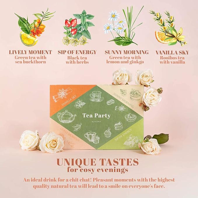 ACORUS Tea Party with 4 Different Flavors | Tea Set | 40 Count Natural Rooibos, Black Tea, Green Tea Packs with Beautiful Gift Box | Tea Bags Variety Pack - Bloomnest