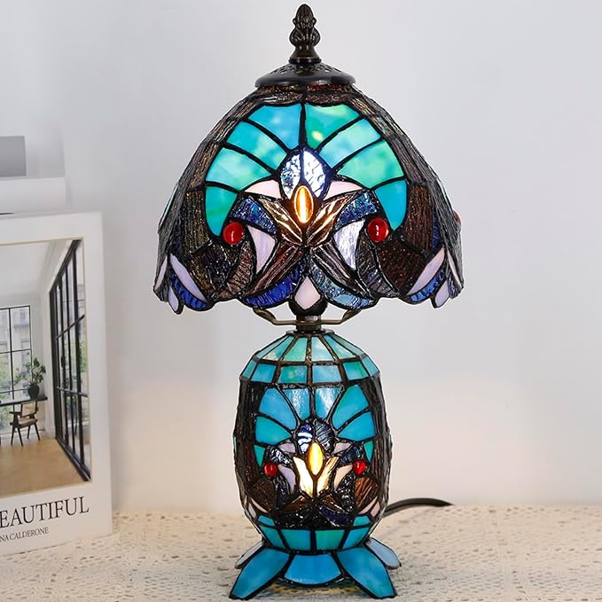 Small Tiffany Lamp Stained Glass Table Lamp Mini Mother Daughter Vase Desk Accent Light for Bedroom Bedside Reading Home Antique Style Decor 8X14 Inches (Green) - Bloomnest