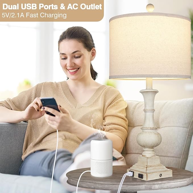 26" Farmhouse Table Lamps Set of 2, Rustic Touch Control Bedside Lamps with 2 USB Ports & AC Outlet, Vintage White Resin 3-Way Dimmable Nightstand Lamp Linen Fabric Shade for Living Room Bedroom Decor - Bloomnest