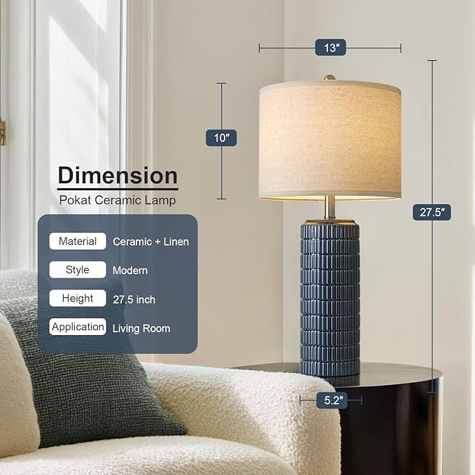 PoKat 27.5'' Tall Table Lamps for Living Room Set of 2, Ceramic Bedroom Lamps for Night Stands, Modern Bedside Lamps for Bedroom Living Room, Nightstand Lamps for Side End Table Hallway, Blue - Bloomnest