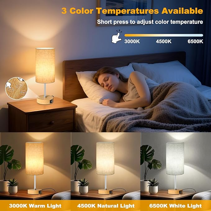 Unicozin Small Table Lamp, 3CCT & 7 RGB Color Changing, Dimmable Nightstand Lamp with Wood Grain Base, Touch Bedsides Lamp for Bedroom, Office, Kids Room, Nursery, Party, Beige Shade - Bloomnest
