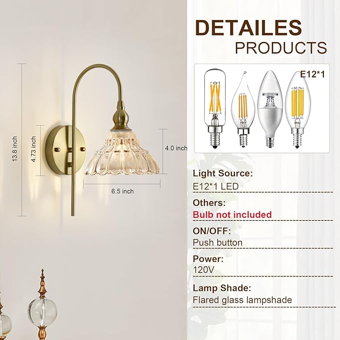 Vintage Wall Sconces with Amber Flower Glass Lampshade, Indoor Bath-Room Wall Sconce, Modern Gold Industrial Lighting Fixture for Mirror Living Room Hallway 1 Pack - Bloomnest