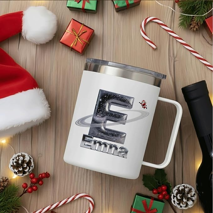 Personalized Christmas Insulated Coffee Mug with Handle – Custom Galaxy Initial Letter. Double Wall Stainless Steel Travel Tumbler for Hot & Cold Drinks – Unique Holiday Gift for Space Lovers(B119) - Bloomnest