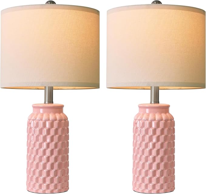 20.5" Pink Table Lamps Set of 2,Modern Farmhouse Bedside Lamps - Ceramic Nightstand Lamps for Bedroom,Boho Living Room End Tables,Small Office Desk Lamp - Bloomnest