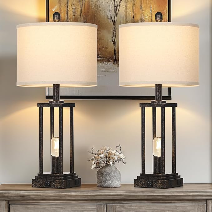 27" Tall Farmhouse Table Lamps with Night Light, Bronze Industrial End Table Lamp for Living Room, Rustic Bedside Lamps Set of 2 with USB C+A Ports & AC Outlet, Vintage Bedroom Lamp for Nightstand - Bloomnest
