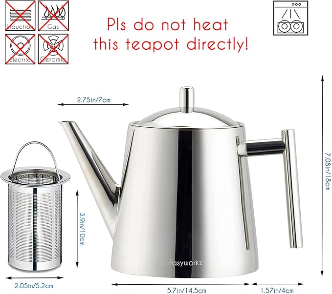 Easyworkz Stainless Steel Double Wall 34 oz Tea Pot with Removable Tea Infuser, Perfect for Brewing Your Favorite Tea, Chrome - Bloomnest