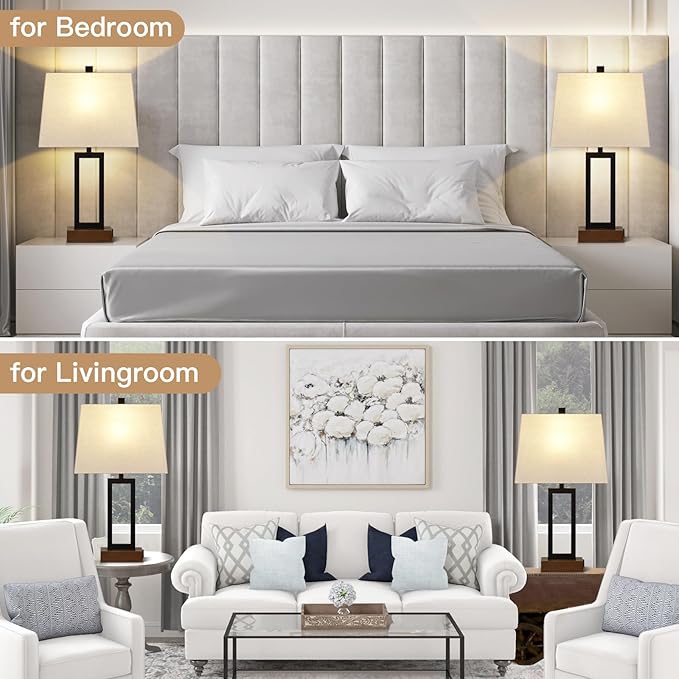 Table Lamp for Bedroom Set of 2 with 2 USB Ports and AC Power Outlet, 23.5" Modern Bedside Lamp, Wood Nightstand Lamp with Linen Shade for Living Room Hotel Desk(LED Bulb Included) - Bloomnest