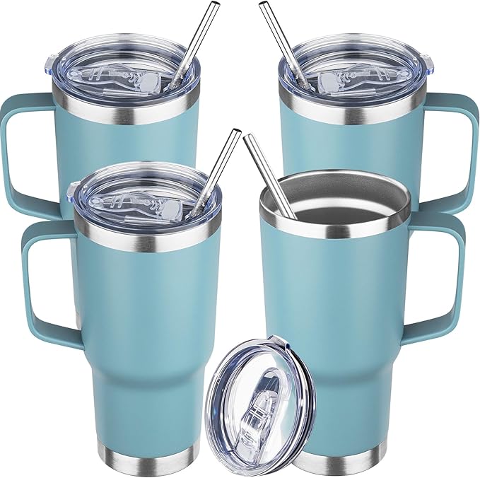 20 oz Tumbler with Handle Stainless Steel Insulated Coffee Mug Tumbler with Lid and Straw Double Wall Vacuum Insulated Coffee Mug Leak Proof Travel Tumbler for Hot and Cold Drink(Azure Blue,4pack)