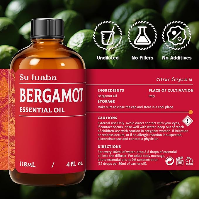 SU JUABA Bergamot Essential Oil 4 Fl Oz, 100% Pure Natural for Refreshes Uplifts, Skin, Hair,Diffuser, Aromatherapy -118ml Bloomnest