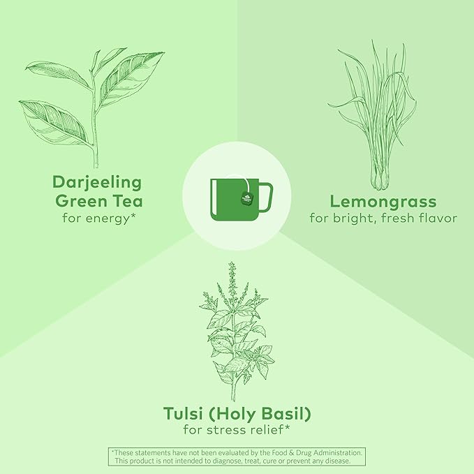 Organic India Tulsi Green Herbal Tea - Stress Relieving & Balancing, Immune Support, Adaptogen, Vegan, USDA Certified Organic, Caffeine-Free - 18 Infusion Bags, 6 Pack - Bloomnest