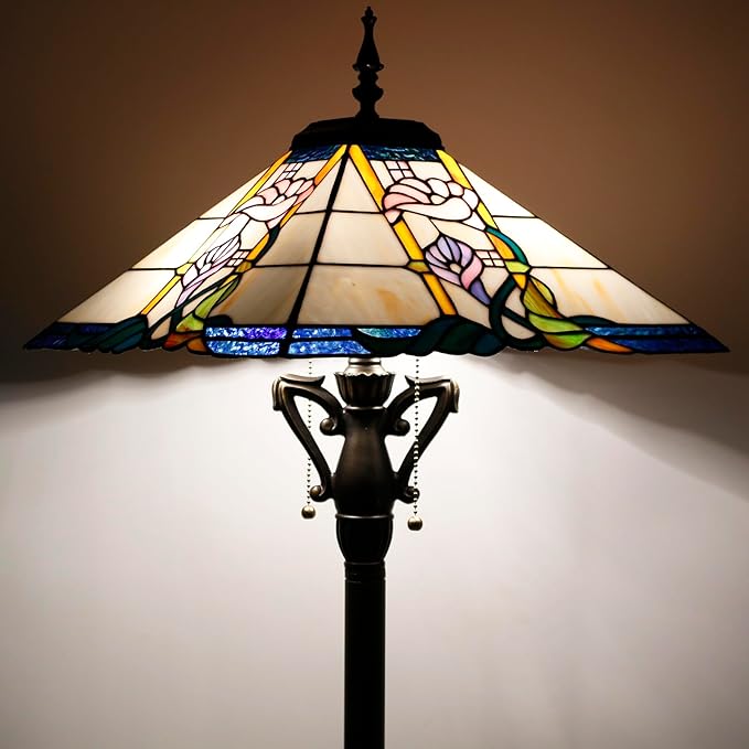 Tiffany Floor Lamp Pink Flower Mission Style Stained Glass Standing Reading Light 16X16X64 Inch - Bloomnest