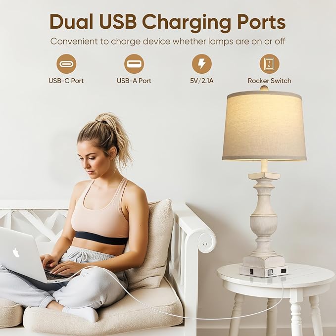 28'' Washed White Table Lamp for Bedroom Nightstand, Vintage Bedside Lamp with USB A+C Port, Farmhouse Desk Lamp with Linen Shade Set of 2, Traditional Nightstand Lamp, Rocker Switch,Bulb Included - Bloomnest