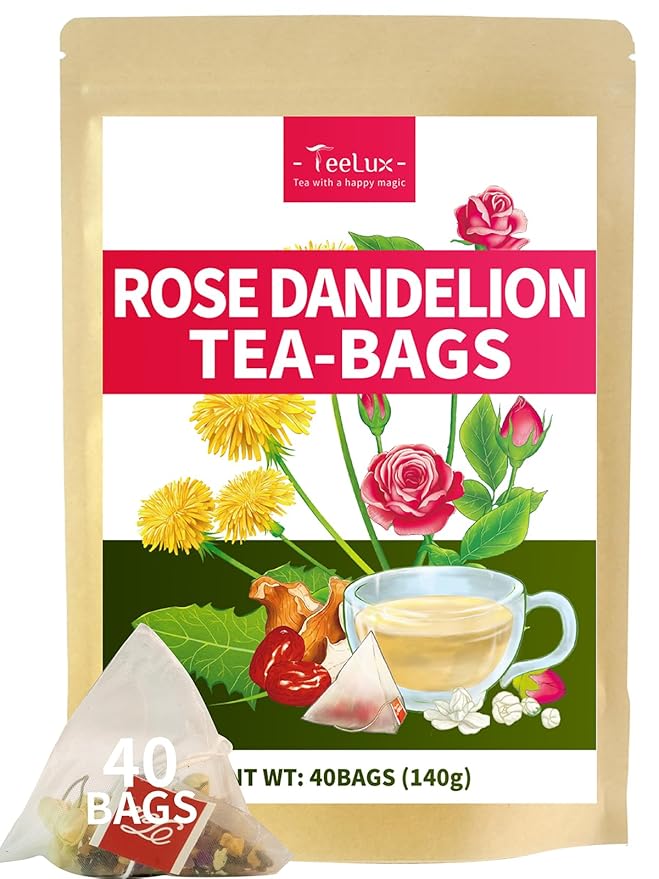 Teelux Dandelion Leaf & Root Tea with Orange Peel, Rose, Jasmine, Red Date, Caffeine Free, Mellow & Light Tarty Flavor, 40 Count - Bloomnest