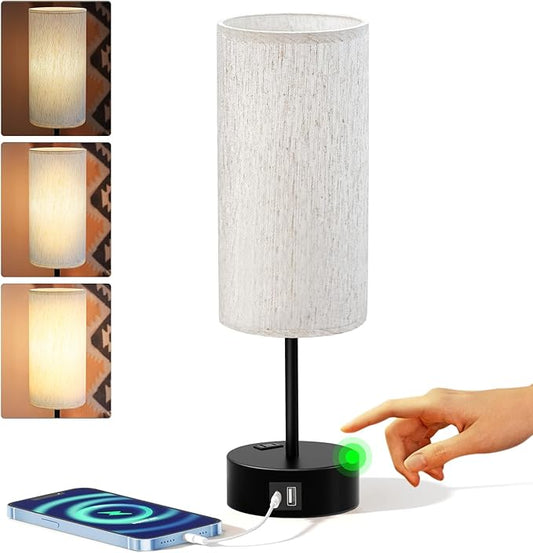 KPQ Small Bedside Lamp Touch Control Table Lamp with USB A+C Charging Ports & AC Outlet 3-Way Dimmable Nightstand Lamp with Linen Fabric Shade for Bedroom Living Room - Bloomnest