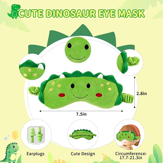 Travel Neck Pillow for Kids, Dinosaur Memory Foam Pillow with Cute Sleep Mask & Earplugs, Lightweight Travelling Pillow Set for Airplane, Car, Train, Bus and Home Use (Green) - Bloomnest