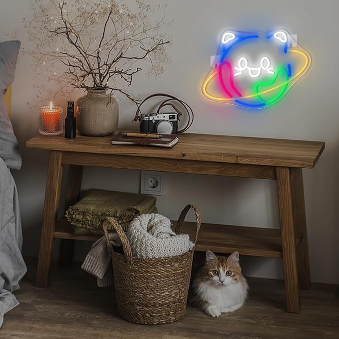 Lucunstar Planet Cat Neon Sign Cute Neon Light Signs for Wall Decor Cat LED Lights USB Connectivity Adjustable Brightness Earth Decor for Home Wall Bedroom Pet Shop Gifts for Geography Lover - Bloomnest
