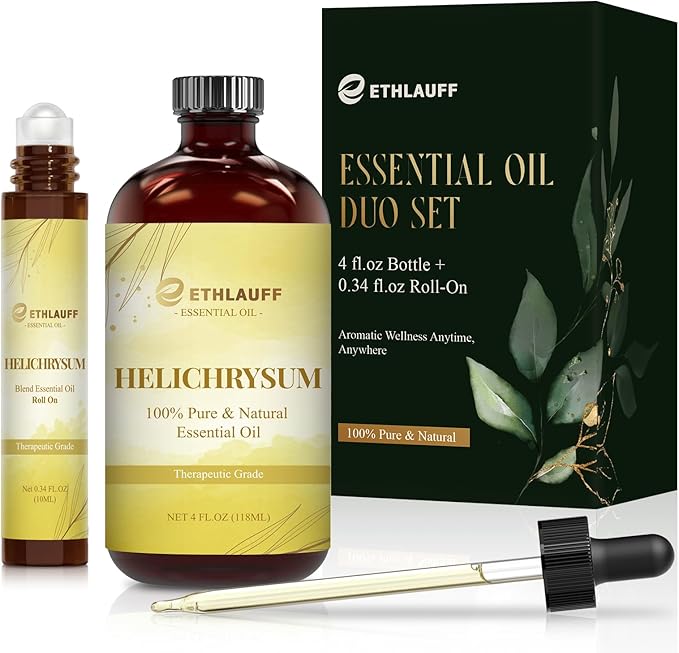 Helichrysum Essential Oil (4 fl.oz Bottle + 0.34 fl.oz Roll-On) — Helichrysum Oils for Aromatherapy, Diffusers, Humidifiers, Home fragrances, DIY Skincare, Candle, Soap Making, Relaxation, Yoga Ethlauff