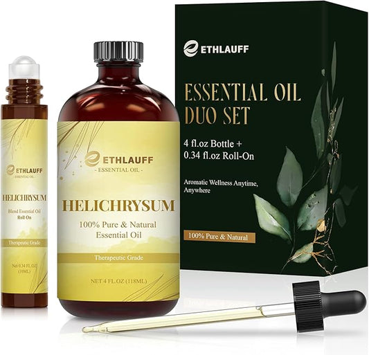 Helichrysum Essential Oil (4 fl.oz Bottle + 0.34 fl.oz Roll-On) — Helichrysum Oils for Aromatherapy, Diffusers, Humidifiers, Home fragrances, DIY Skincare, Candle, Soap Making, Relaxation, Yoga Ethlauff
