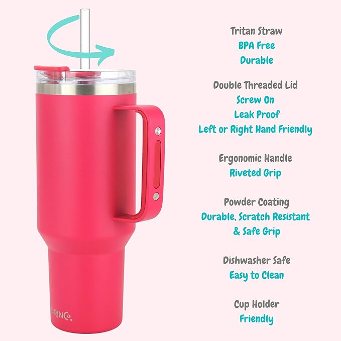Drinco 40oz 30 oz Tumbler with Handle, Straw Lid, Insulated Stainless Steel Travel Mug Water Bottle Ice Coffee Cup For Cold and Hot, BigSur (30oz Magenta)